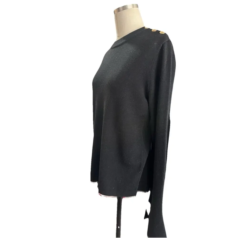 Tory Burch Black 100% Merino Wool Shoulder Placket Sweater Size M